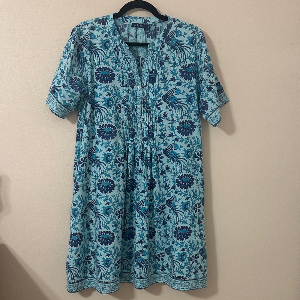 La Plage Womens Maye Navy & Teal Printed Pintuck Dress Sz Large Boho Resortwear